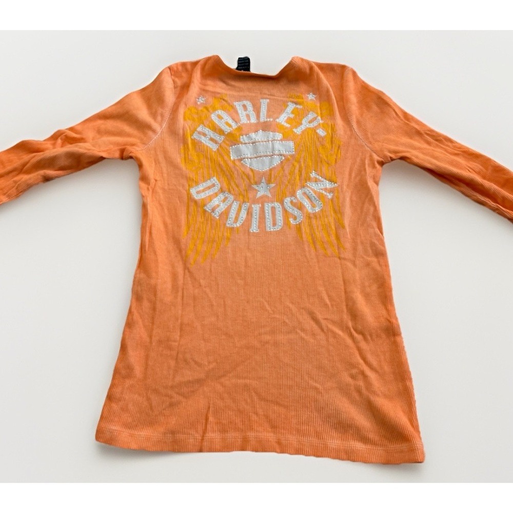 Harley Davidson Ribbed Y2K Orange Henley Top Womens Small Biker - Picture 5 of 8